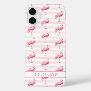 Flamingos on Watercolor Stripes Monogrammed iPhone 16 Plus Case