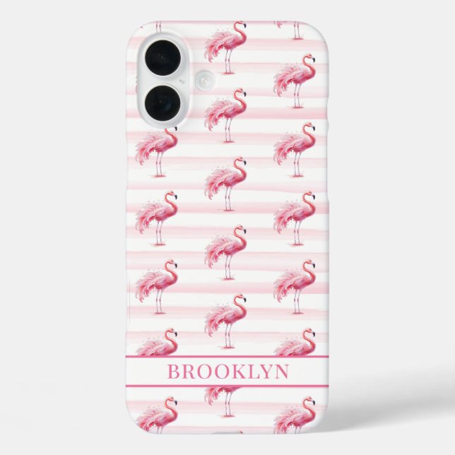 Flamingos on Watercolor Stripes Monogrammed Case-Mate iPhone Case (Back)