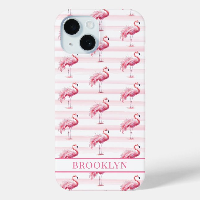 Flamingos on Watercolor Stripes Monogrammed Case-Mate iPhone Case (Back)