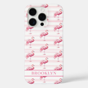 Flamingos on Watercolor Stripes Monogrammed iPhone 16 Pro Case