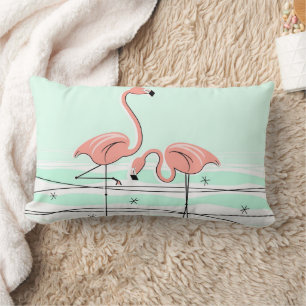Flamingos Pair Aqua coral check back lumbar Cushion