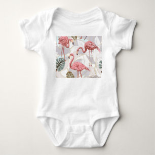 Flamingos, palm leaves: vintage pattern. baby bodysuit