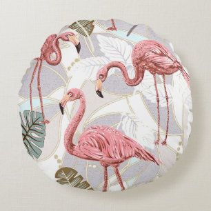 Flamingos, palm leaves: vintage pattern. round cushion
