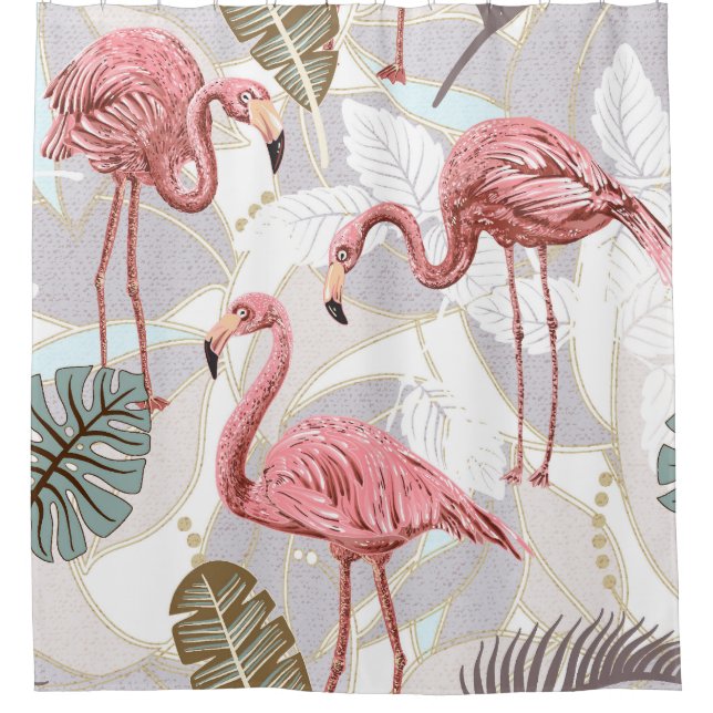 Flamingos, palm leaves: vintage pattern. shower curtain (Front)