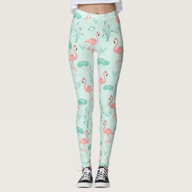 Flamingos Pink Green Tropical Birds Trendy  Leggings (Front)