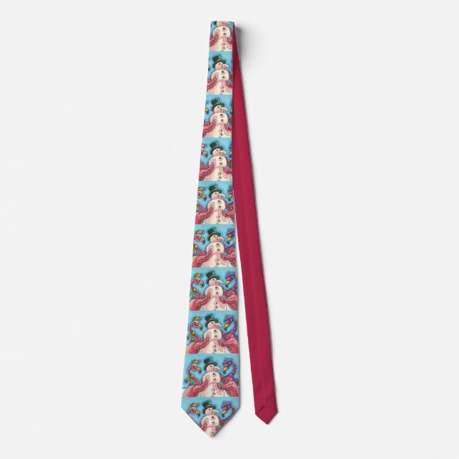 FLAMINGOS & PINK SNOWMAN, CHRISTMAS BIRDS HOLIDAY TIE (Front)