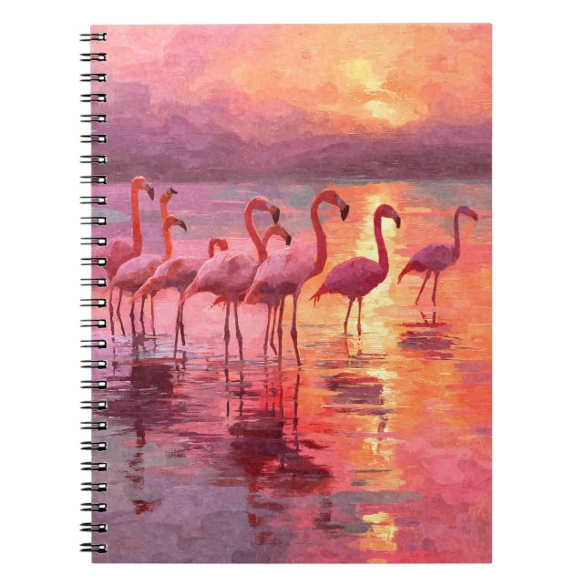 Flamingos Pink Sunset Water Reflection Art Notebook (Front)