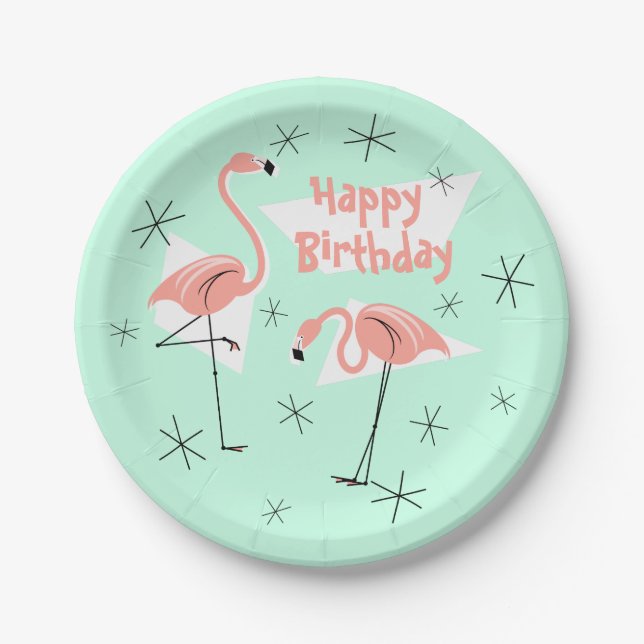 Flamingos Retro Green Happy Birthday Paper Plate (Front)