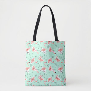Flamingos Retro Green Multi all over pink back Tote Bag