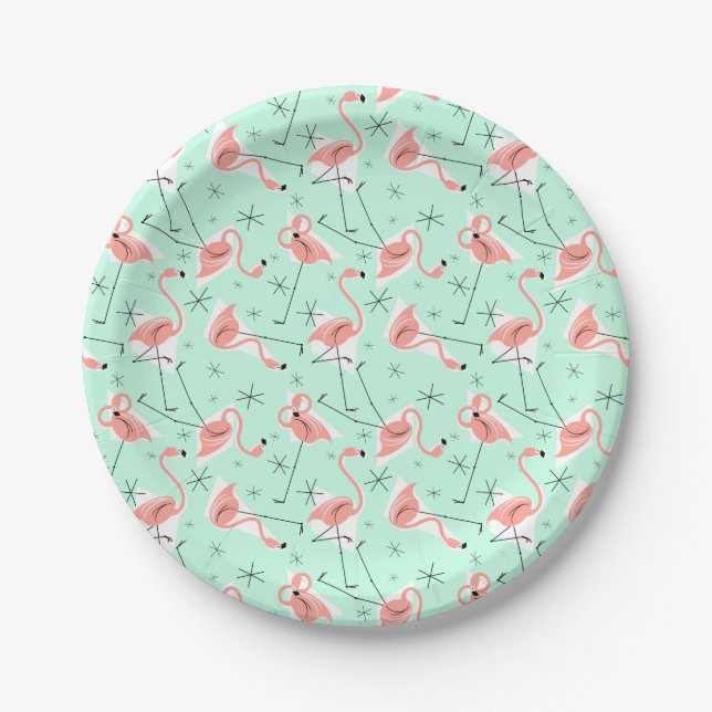 Flamingos Retro Green Multi Paper Plate (Front)