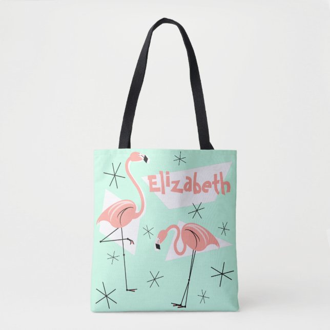 Flamingos Retro Green Name all over multi back Tote Bag (Front)