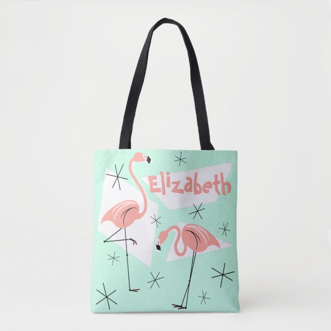 Flamingos Retro Green Name all over multi back Tote Bag (Front)