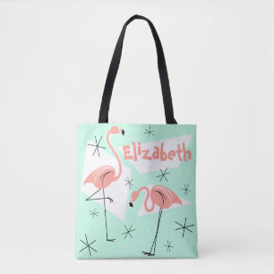Flamingos Retro Green Name all over tote bag