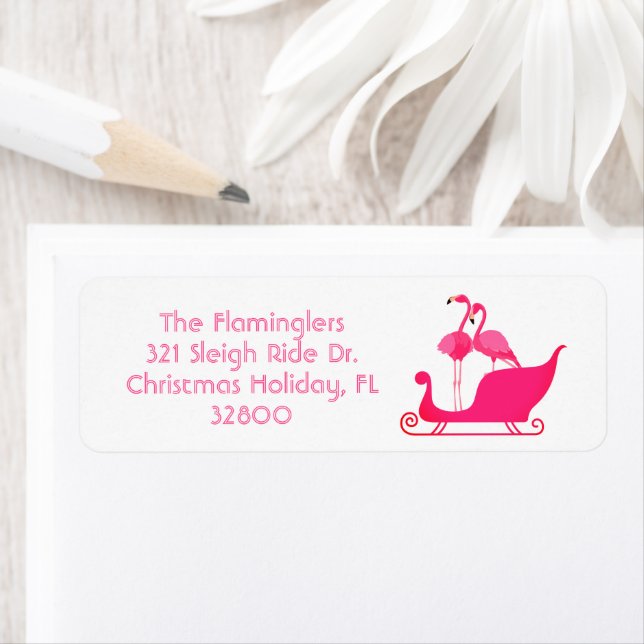 Flamingos Romantic Christmas Sleigh Ride Return Address Label (Insitu)