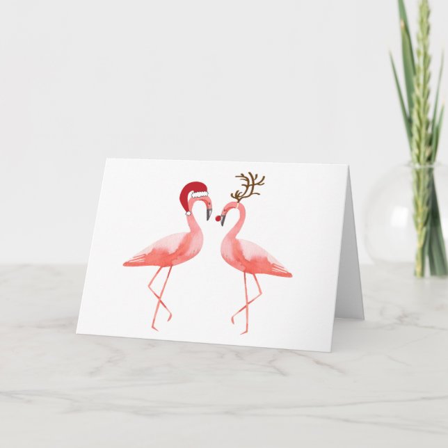 Flamingos Santa and Rudolph Christmas Holiday Card (Front)