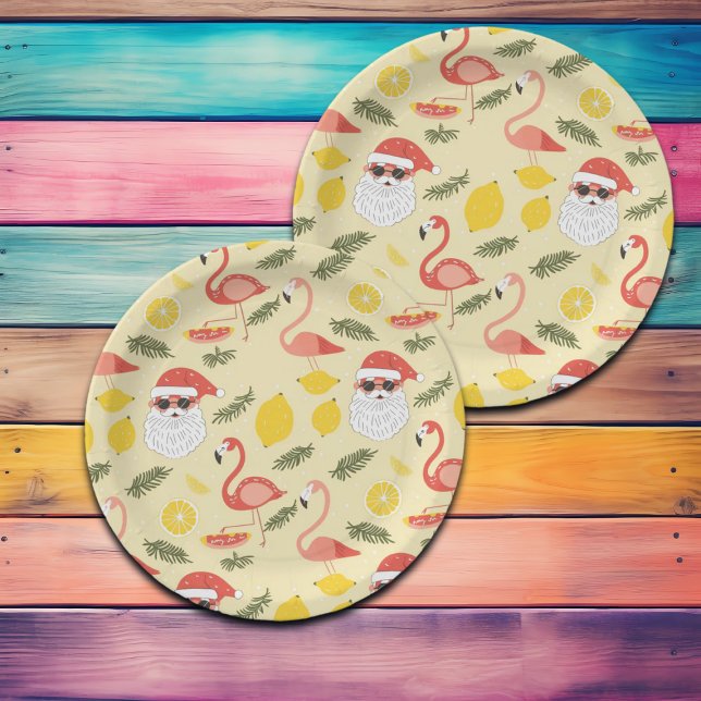 Flamingos & Santa Christmas in July Party Paper Plate (Creator Uploaded)