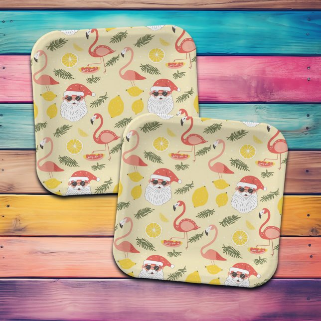 Flamingos & Santa Christmas in July Party Paper Plate (Creator Uploaded)