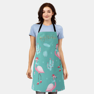  Flamingos Santa Hat Presents Snowflakes  Apron