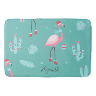 Flamingos Santa Hat Presents Snowflakes   Bath Mat