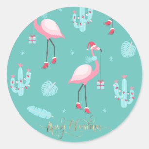  Flamingos Santa Hat Presents Snowflakes    Classic Round Sticker