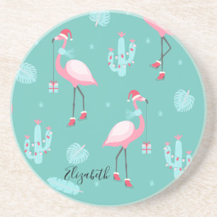Flamingos Santa Hat Presents Snowflakes Coaster