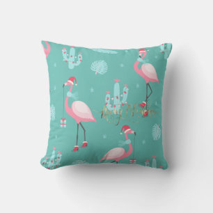  Flamingos Santa Hat Presents Snowflakes  Cushion