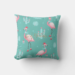  Flamingos Santa Hat Presents Snowflakes   Cushion