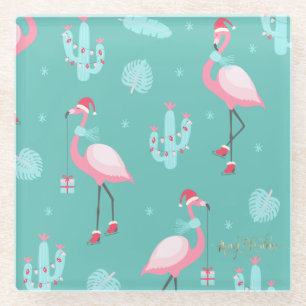 Flamingos Santa Hat Presents Snowflakes Glass Coaster
