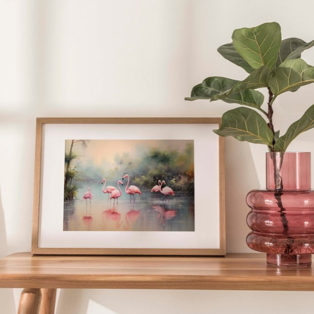 Flamingos Seascape Jungle Watercolor Print (Six elegant flamingos standing gracefully in tropical waters, surrounded by lush mangroves.)