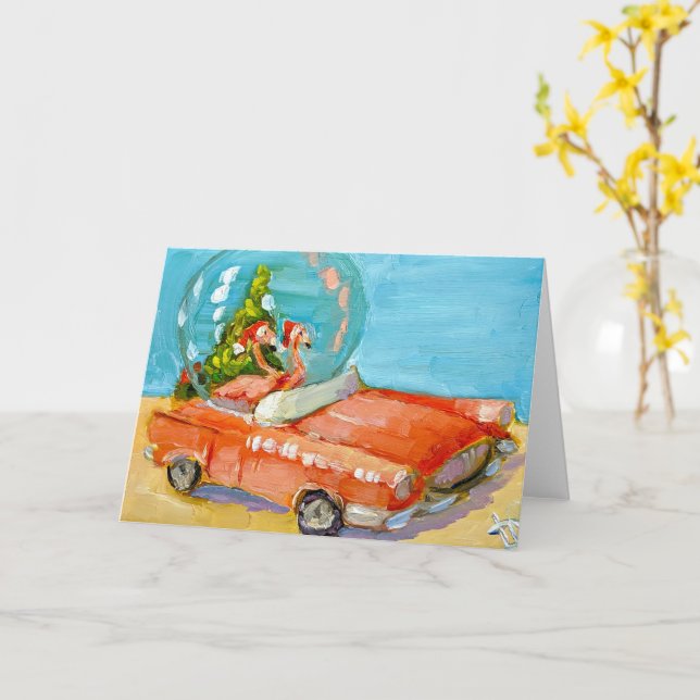 Flamingos Snow Globe Folded Card (Yellow Flower)