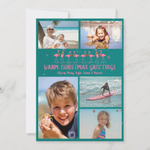 Flamingos Stars Teal Christmas Photo Collage Card