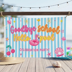 Flamingos Stripes Goodbye School Hello Pool Banner