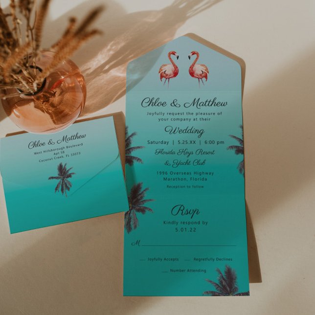 Flamingos Tropical Beach All in One Wedding Invite (Creator Uploaded)