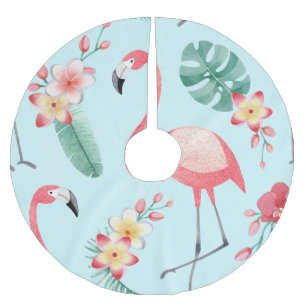 Flamingos Tropical Flowers Watercolor Pattern Brushed Polyester Tree Skirt