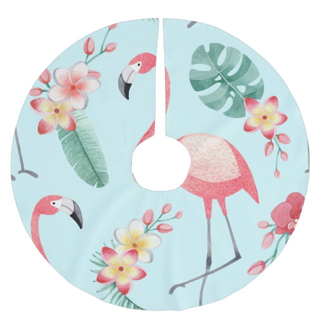 Flamingos Tropical Flowers Watercolor Pattern Brushed Polyester Tree Skirt (Front)