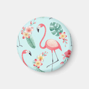 Flamingos Tropical Flowers Watercolor Pattern Magnet