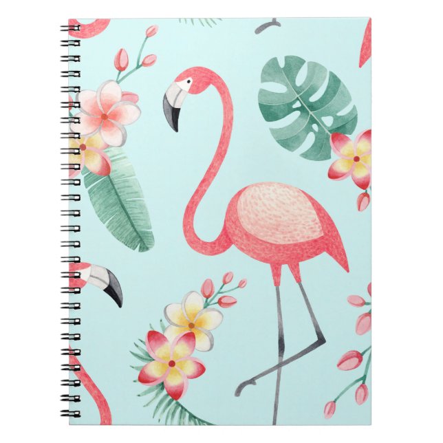 Flamingos Tropical Flowers Watercolor Pattern Notebook (Front)