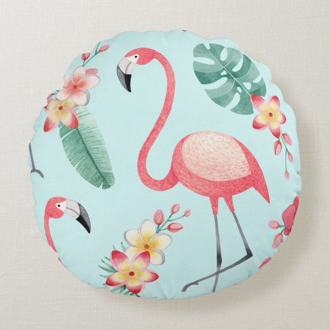 Flamingos Tropical Flowers Watercolor Pattern Round Cushion (Front)