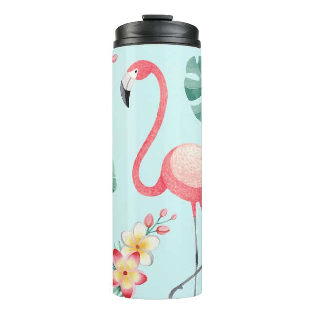 Flamingos Tropical Flowers Watercolor Pattern Thermal Tumbler (Front)