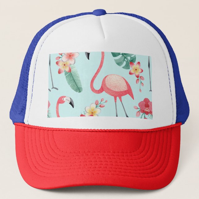 Flamingos Tropical Flowers Watercolor Pattern Trucker Hat (Front)
