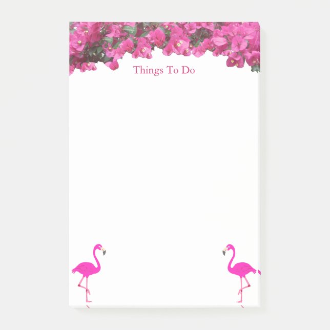 Flamingos & Tropical Magenta Pink Flowers on White Post-it Notes (Front)