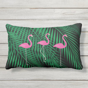 Flamingos & Tropical Palm Leaves on Black Outdoor Cushion