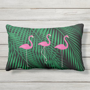 Flamingos & Tropical Palm Leaves on Black Outdoor Outdoor Cushion