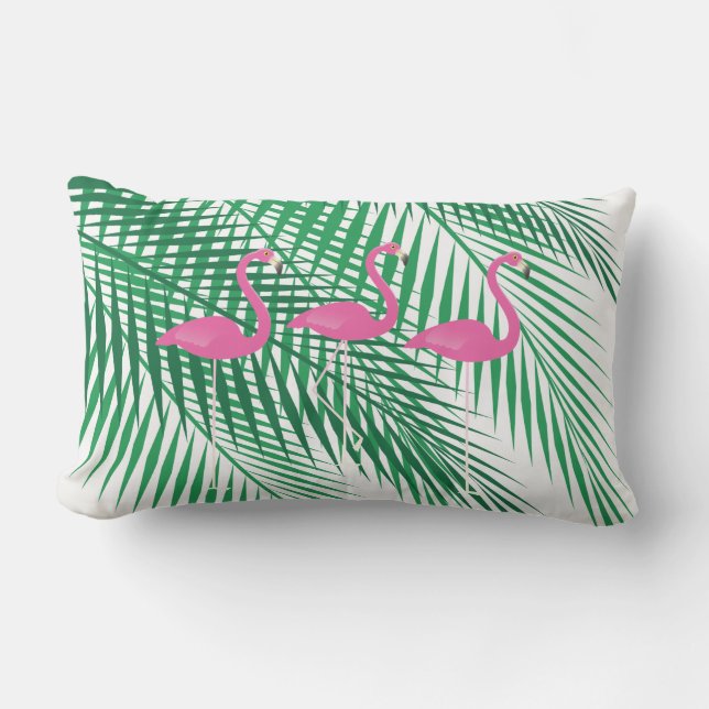 Flamingos & Tropical Palm Leaves - Outdoor Lumbar Cushion (Front)
