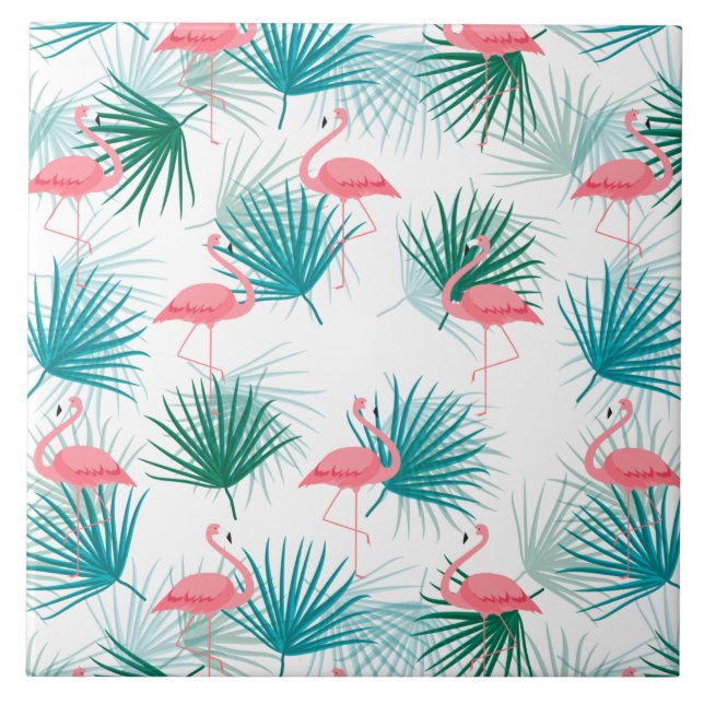 Flamingos Tropical Palmetto Leaf Fronds Ceramic Tile (Front)