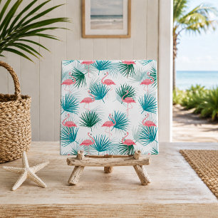 Flamingos Tropical Palmetto Leaf Fronds Ceramic Tile