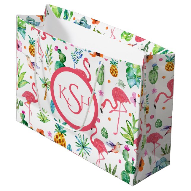 Flamingos & Tropical Plants & Flowers Pattern Large Gift Bag (Front Angled)