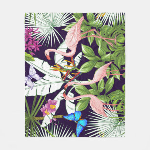 Flamingos, tropical plants: vintage pattern. fleece blanket