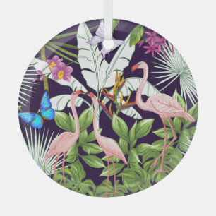 Flamingos, tropical plants: vintage pattern. glass tree decoration