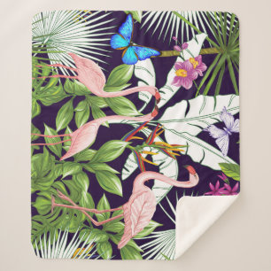 Flamingos, tropical plants: vintage pattern. sherpa blanket